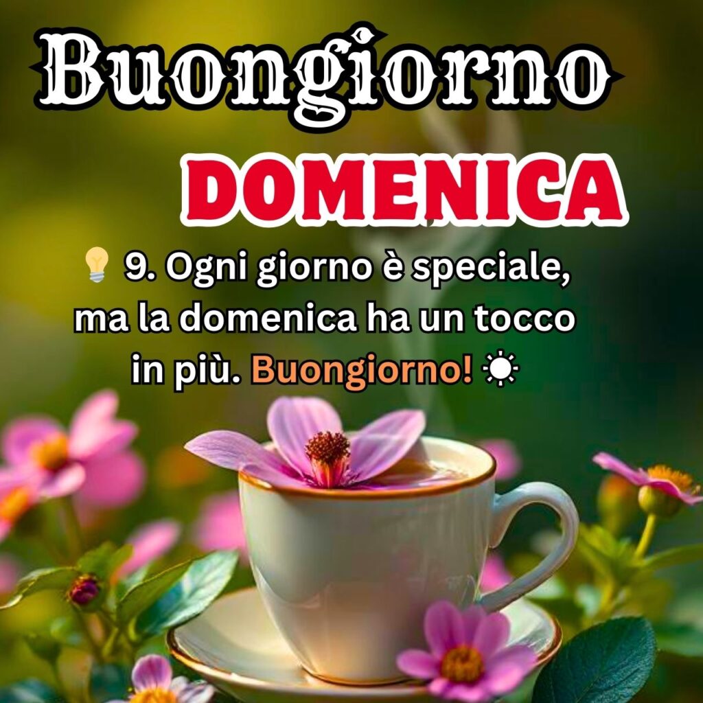 Immagine Buongiorno Domenica con tazza di caffè e fiori rosa, frase motivazionale