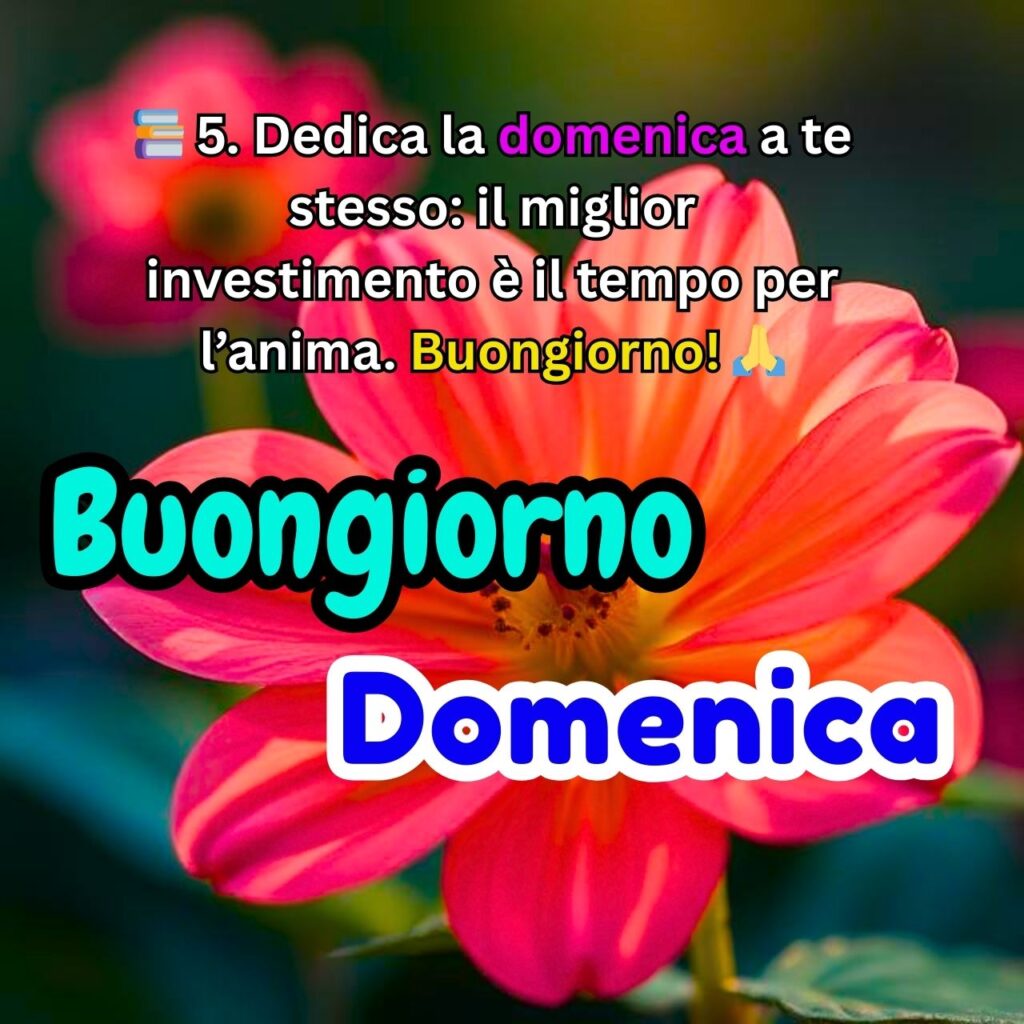 Immagine Buongiorno Domenica con fiore rosa e messaggio sul prendersi cura di sé