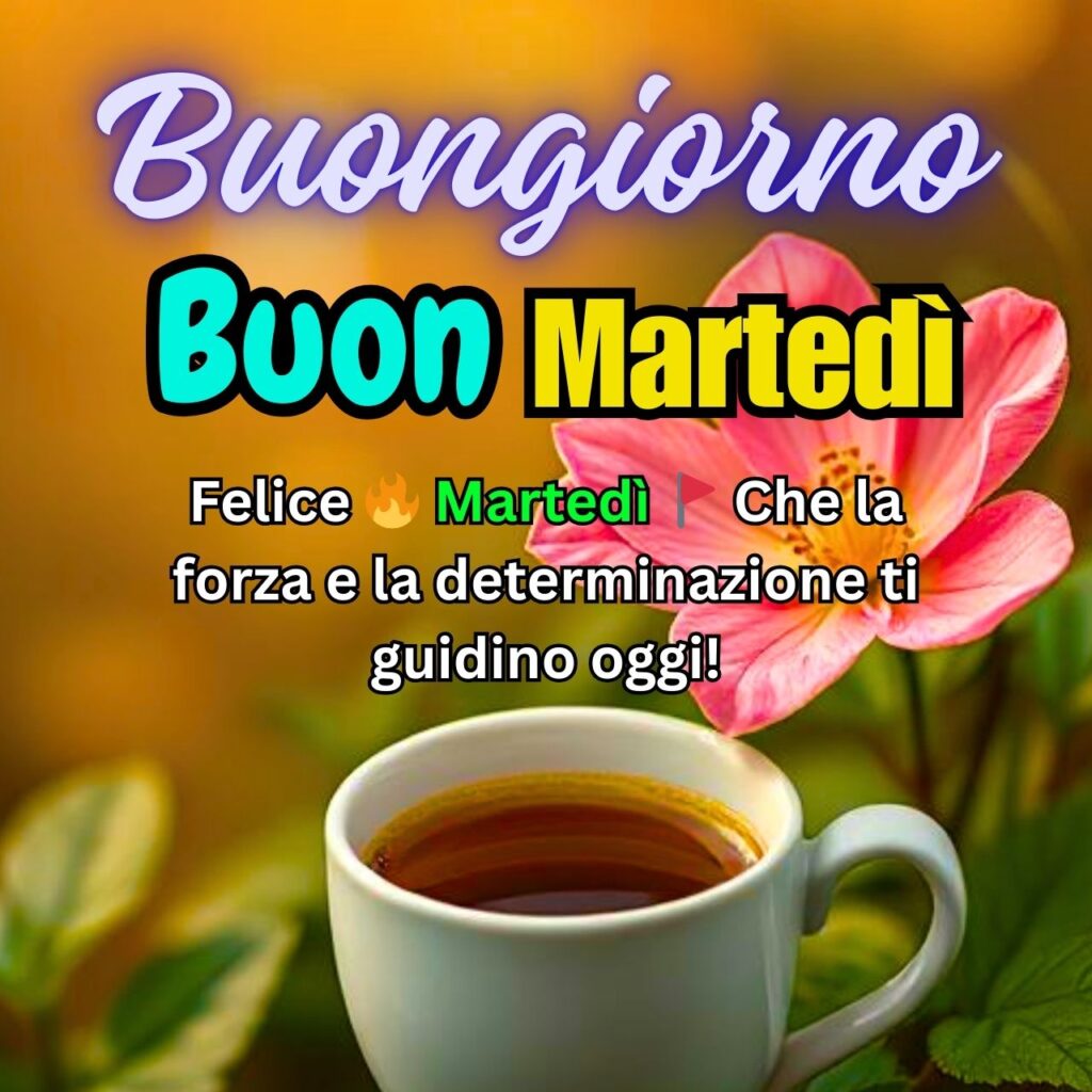 Un'immagine accogliente con una tazza di caffè fumante, un fiore rosa e un messaggio motivazionale per affrontare il martedì con forza e determinazione.