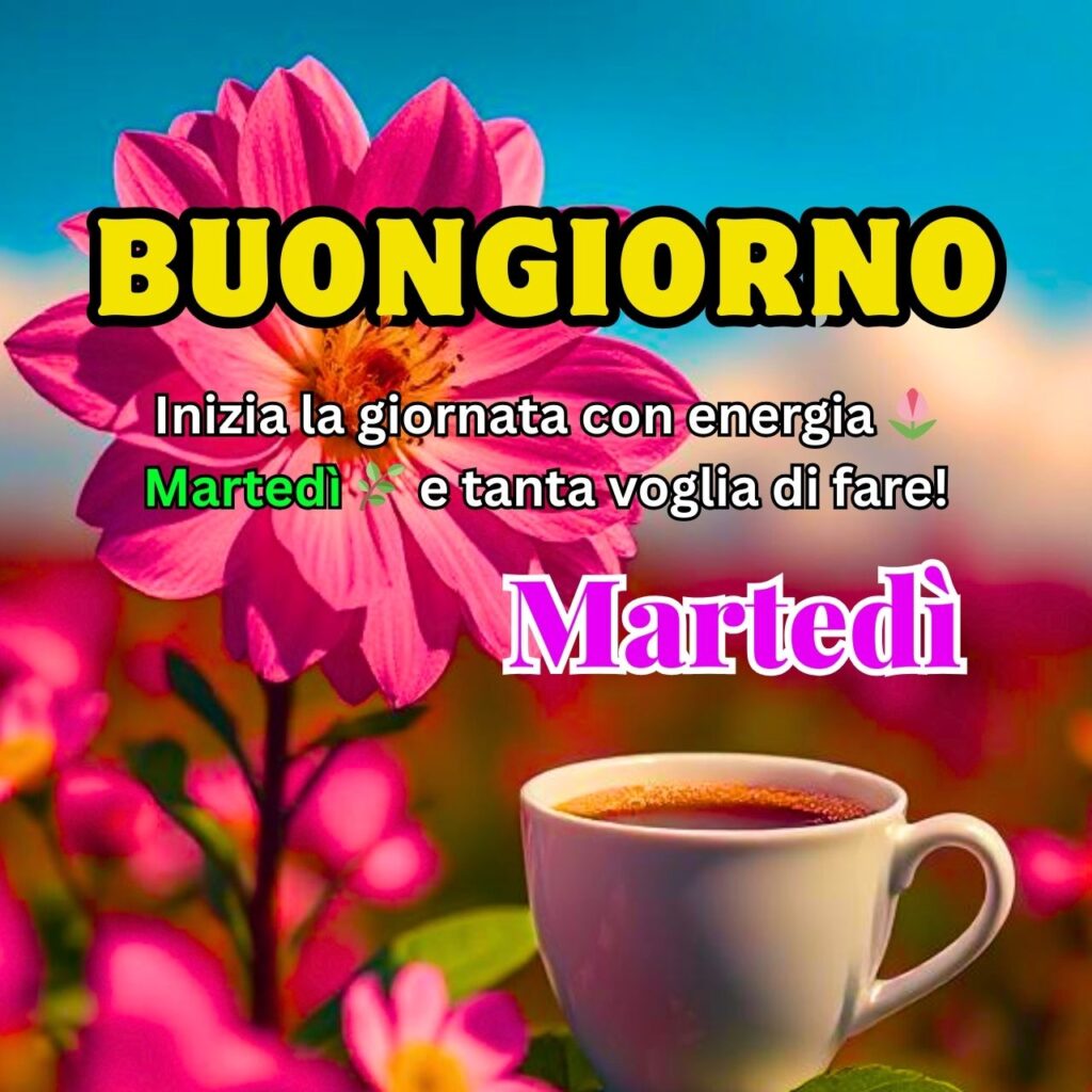 Immagine con un fiore rosa, una tazza di caffè e un messaggio motivazionale per il martedì.