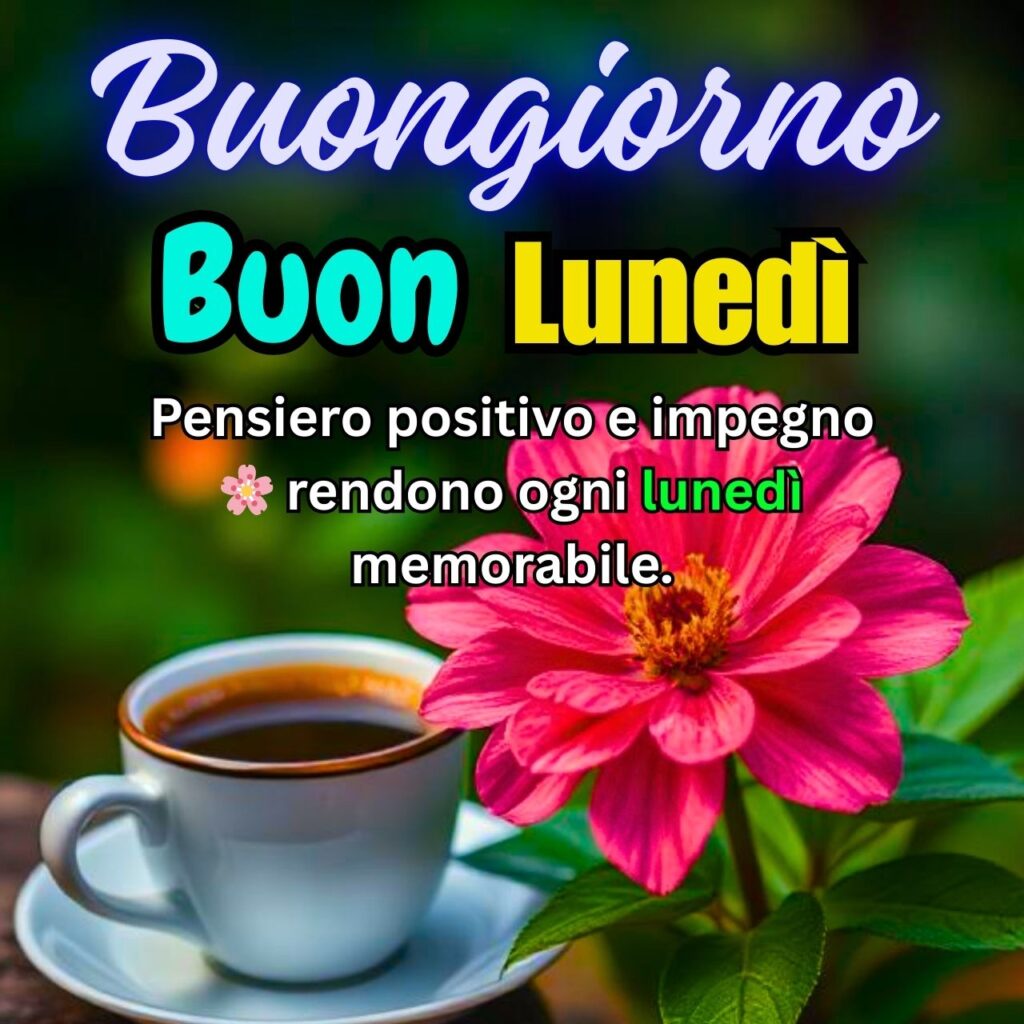 Tazza di caffè accanto a un bellissimo fiore rosa, con un messaggio motivazionale per un buon lunedì.
