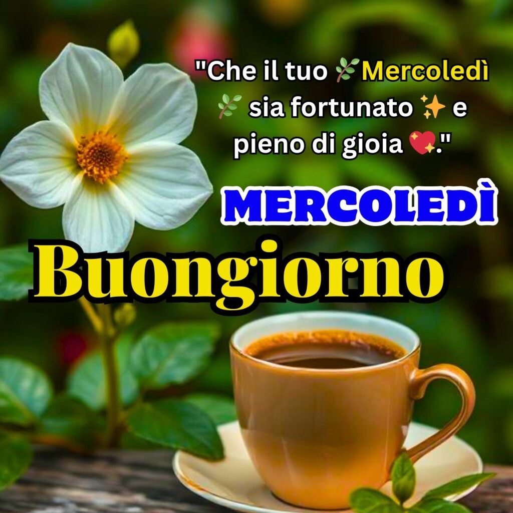 Buongiorno! Una tazza di caffè con un fiore bianco e un messaggio motivazionale per il mercoledì.