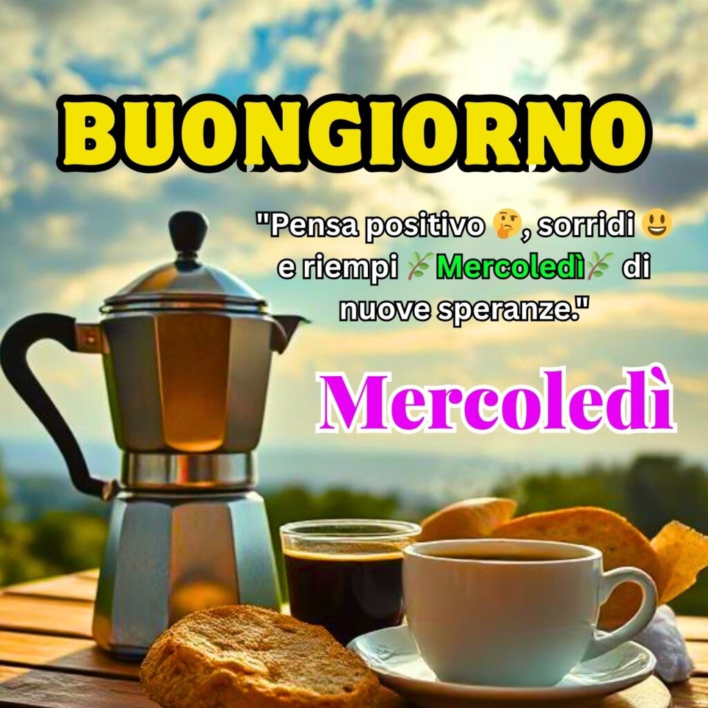 Una colazione all'aperto con caffè caldo, moka e biscotti, accompagnata da un messaggio motivazionale per un mercoledì positivo.