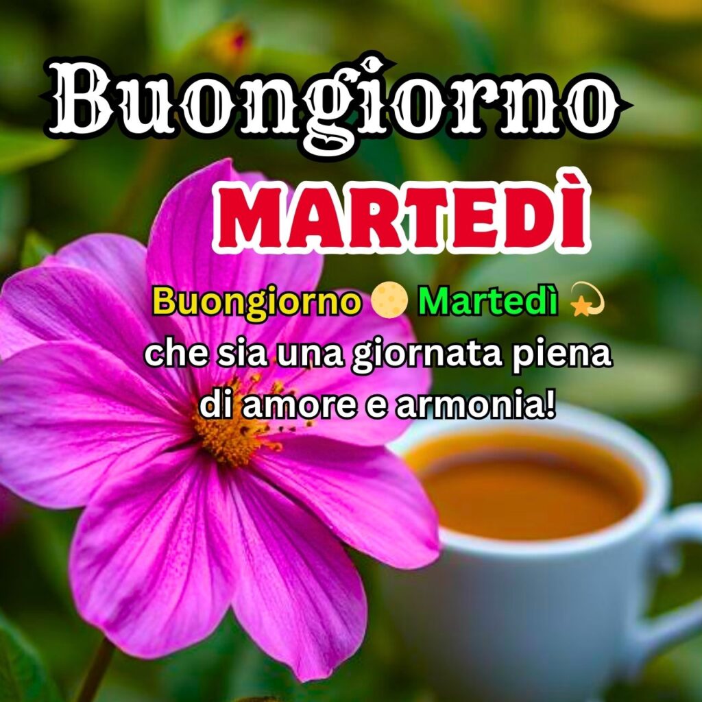 Buongiorno Martedì – Fiore rosa vivace con una tazza di caffè sullo sfondo, accompagnato da un messaggio motivazionale.